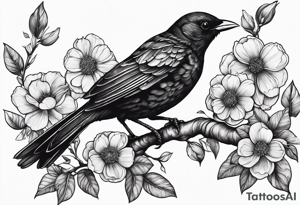 A black bird with its wings open on a branch with flowers tattoo idea