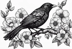 A black bird with its wings open on a branch with flowers tattoo idea