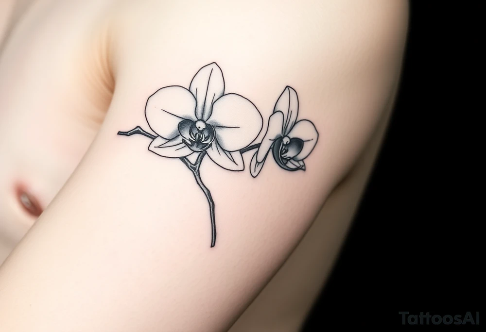 A delicate, black and white fine-line tattoo for make, featuring a gracefully detailed orchid stem with two flowers in full bloom, with soft, intricate petals and elegant curves tattoo idea