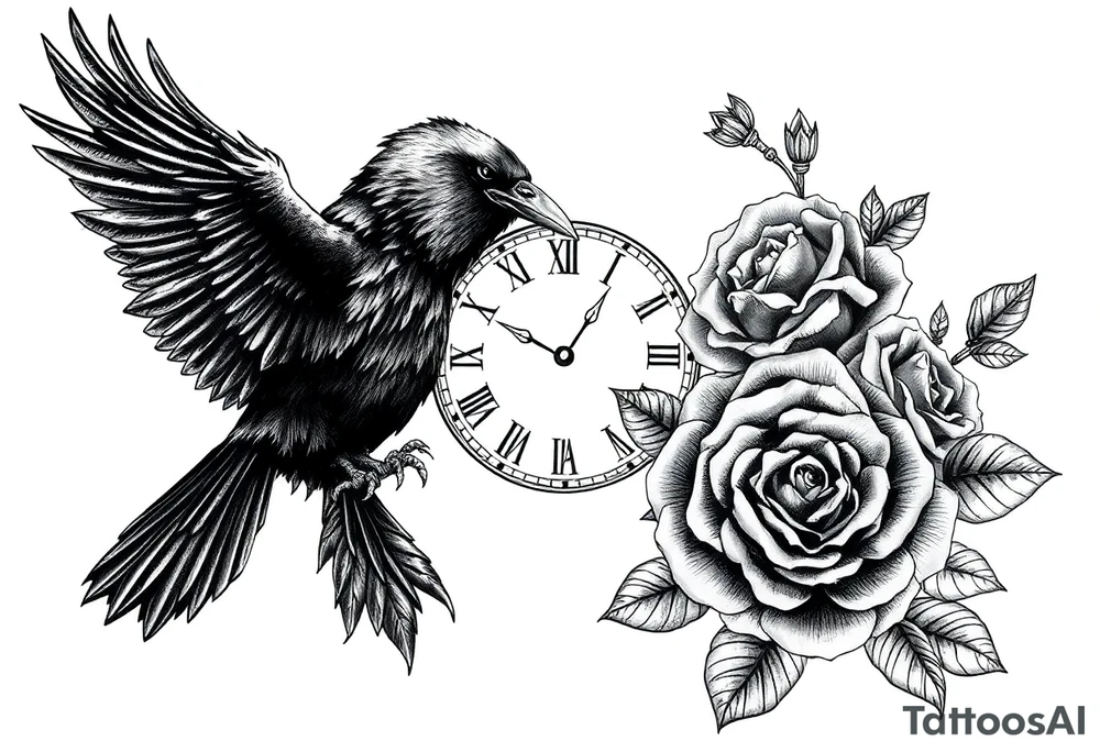 raven,roses,clock. tattoo idea