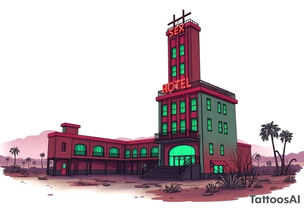 Tim Burton’s vegas sex hotel from outside viewis abandoned and dripping with muted reds, dusty pinks, and eerie green glow. tattoo idea tattoo idea