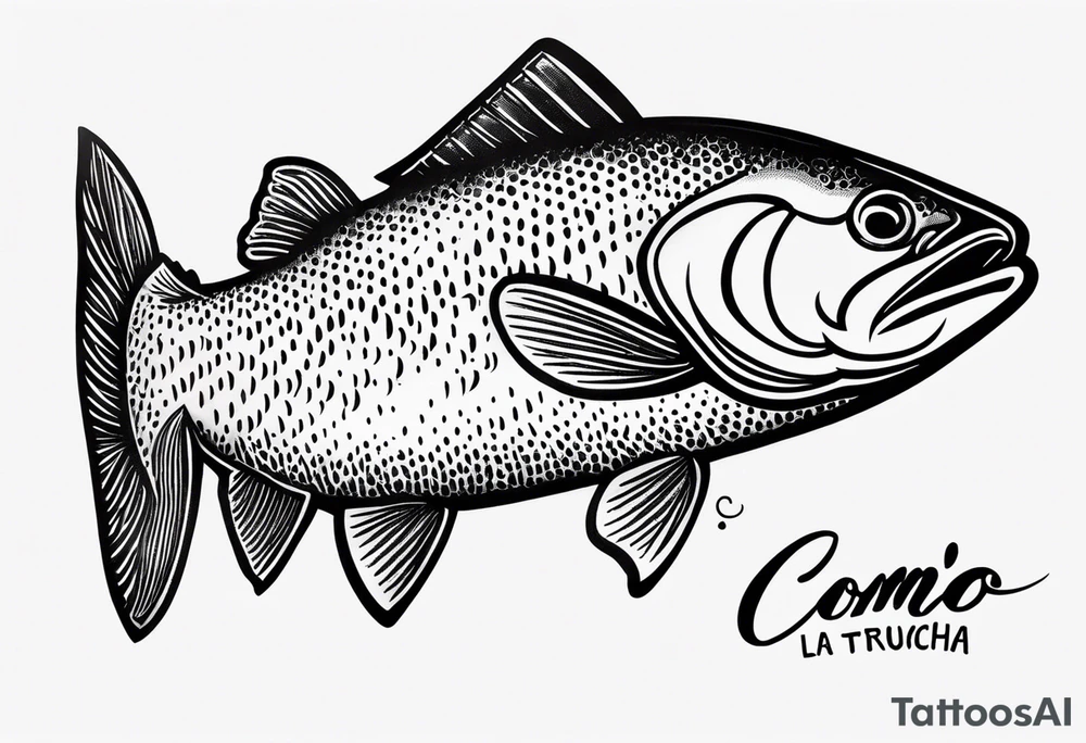 A small tattoo with a shaded trout and text that says, 'Como la trucha...' drawn with fine lines." tattoo idea