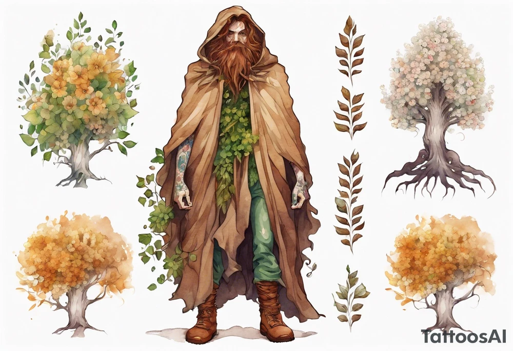 A tall, beautiful tree-man hybrid with leafy hair and a cloak made of flowers. Wearing brown mukluks. tattoo idea