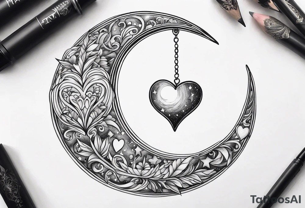 Crescent moon with a love heart inside tattoo idea
