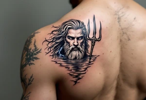 neptune with trident half way in calm water with lightning tattoo idea