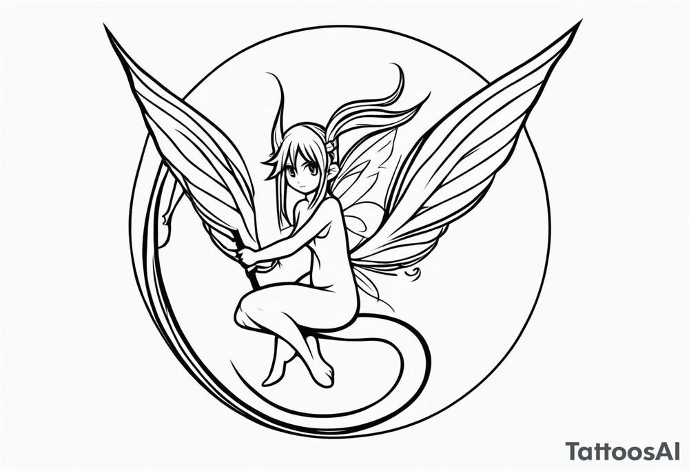 A fairy with a tail inspired by the logo of the show called Fairy Tail in a fetal position leaning in tattoo idea