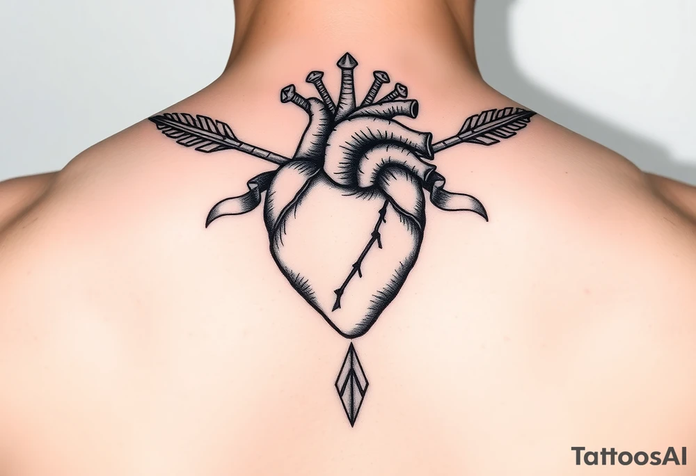 anatomical heart pierced by ornate arrow with flowing ribbons tattoo idea