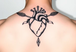 anatomical heart pierced by ornate arrow with flowing ribbons tattoo idea