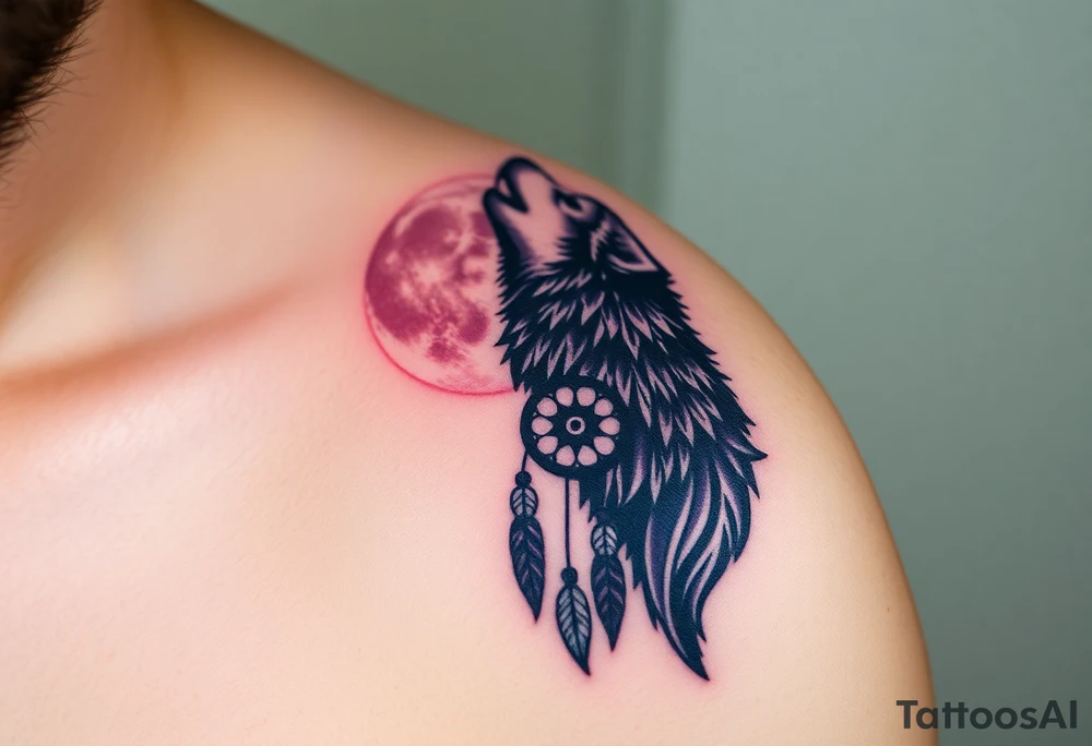 A full moon behind a wolf howling at the night sky, with dreamcatcher threads hanging below, colored in deep purples and silvery whites tattoo idea