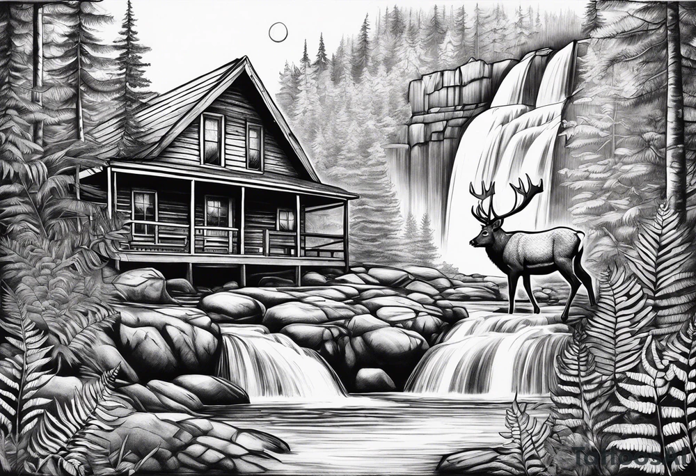 Cabin with ferns around it and a buck by a waterfall tattoo idea