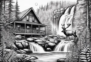 Cabin with ferns around it and a buck by a waterfall tattoo idea