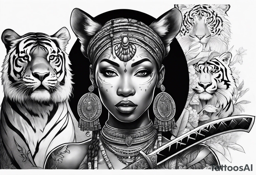 African goddess with sword Japanese traditional style full sleeve with tiger tattoo tattoo idea