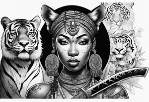 African goddess with sword Japanese traditional style full sleeve with tiger tattoo tattoo idea