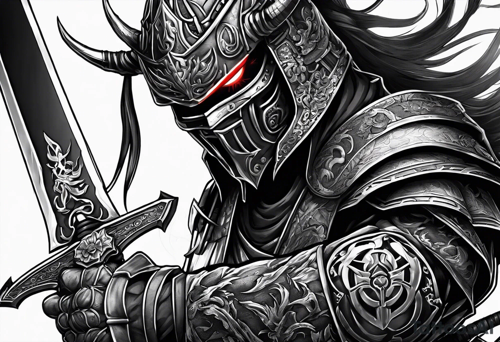 Angry robot demon ninja with demon mask with huge sword fighting in war tattoo idea