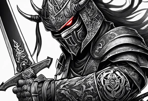 Angry robot demon ninja with demon mask with huge sword fighting in war tattoo idea