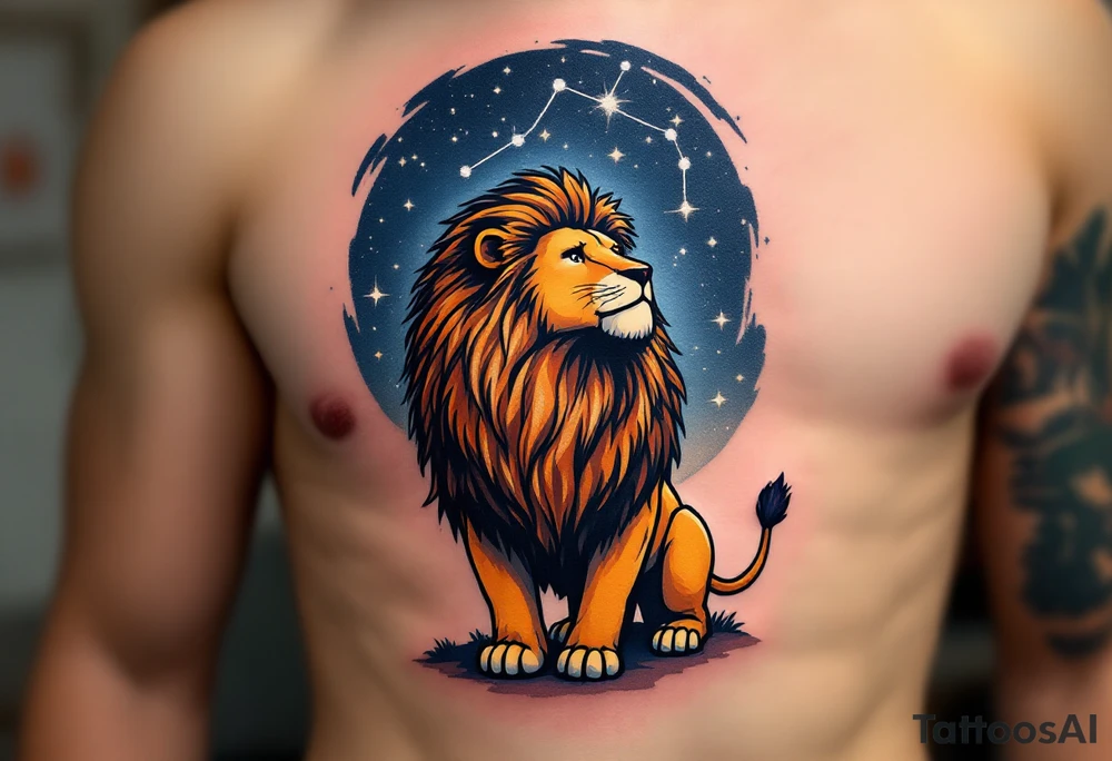 A proud lion stands under a night sky shaded in navy, with the Leo star constellation highlighted in silver stardust above. tattoo idea