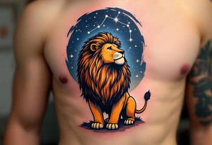 A proud lion stands under a night sky shaded in navy, with the Leo star constellation highlighted in silver stardust above. tattoo idea
