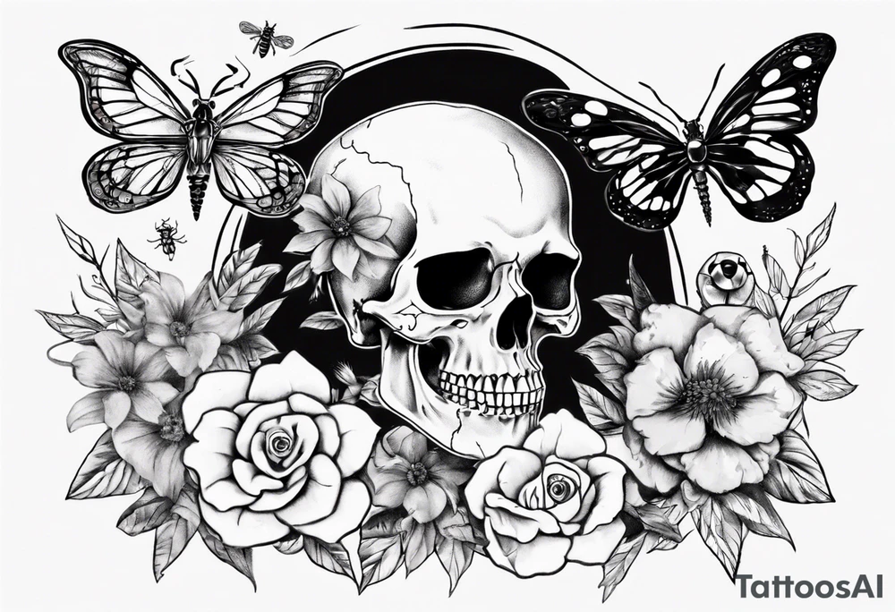 Female skull with flowers and bugs around it tattoo idea Female skull with flowers and bugs around it tattoo idea