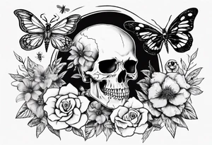 Female skull with flowers and bugs around it tattoo idea
