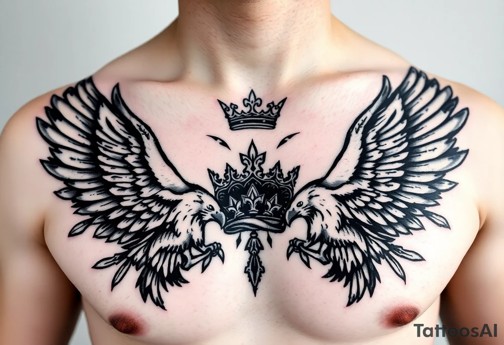 Chest tattoo,powerful two symetrical majestic eagles, surrounded by lure ornaments , between eagles a crown tattoo idea