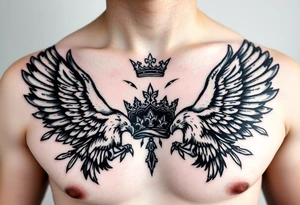 Chest tattoo,powerful two symetrical majestic eagles, surrounded by lure ornaments , between eagles a crown tattoo idea