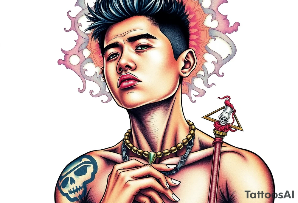 Handsome Asian young guy is standing on his knees like slave tattoo idea