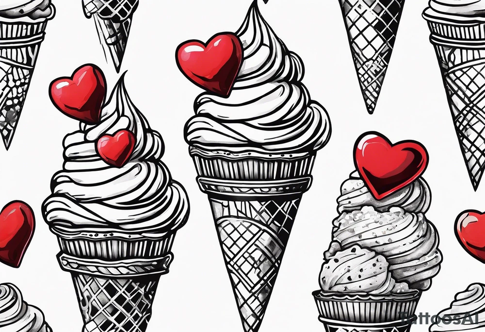 sketch chocolate chip ice cream cone with one red heart tattoo idea