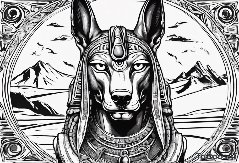 Egyptian god Anubis' head with snakes next to him in the desert tattoo idea