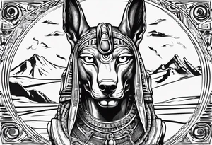 Egyptian god Anubis' head with snakes next to him in the desert tattoo idea