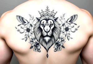 powerful majestic lion with a crown, surrounded by floral ornaments and birds tattoo idea