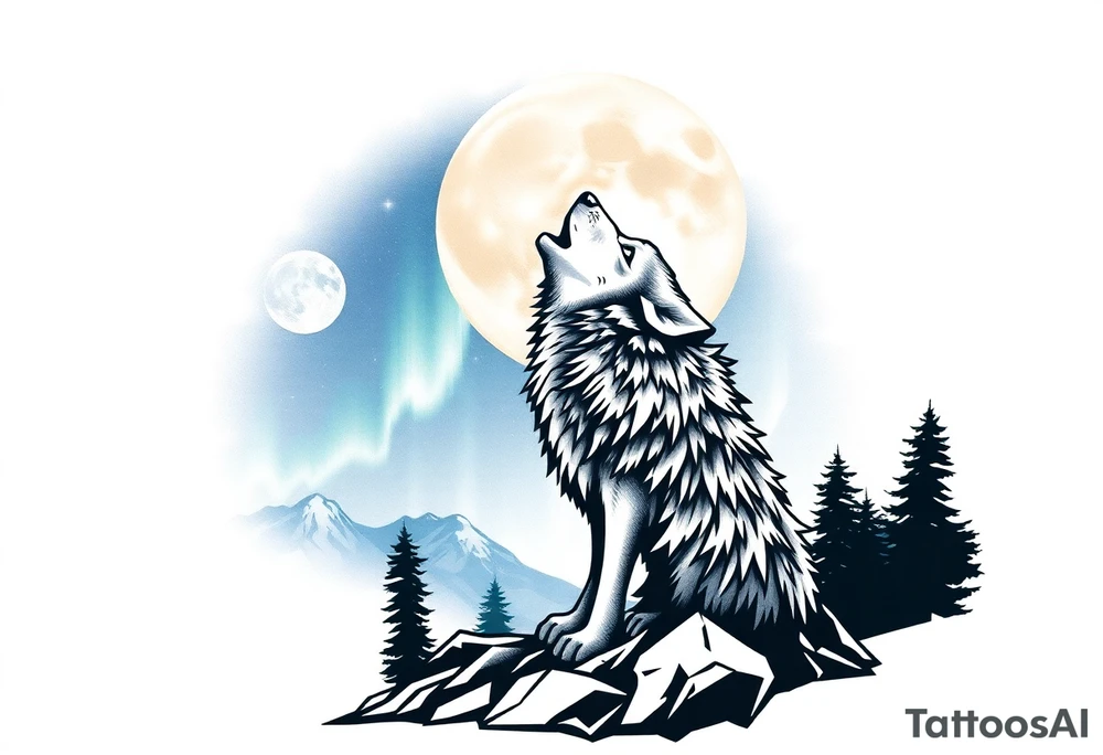 lone wolf howling at full moon with northern lights backdrop tattoo idea