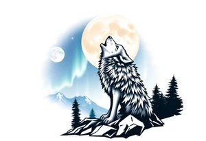 lone wolf howling at full moon with northern lights backdrop tattoo idea