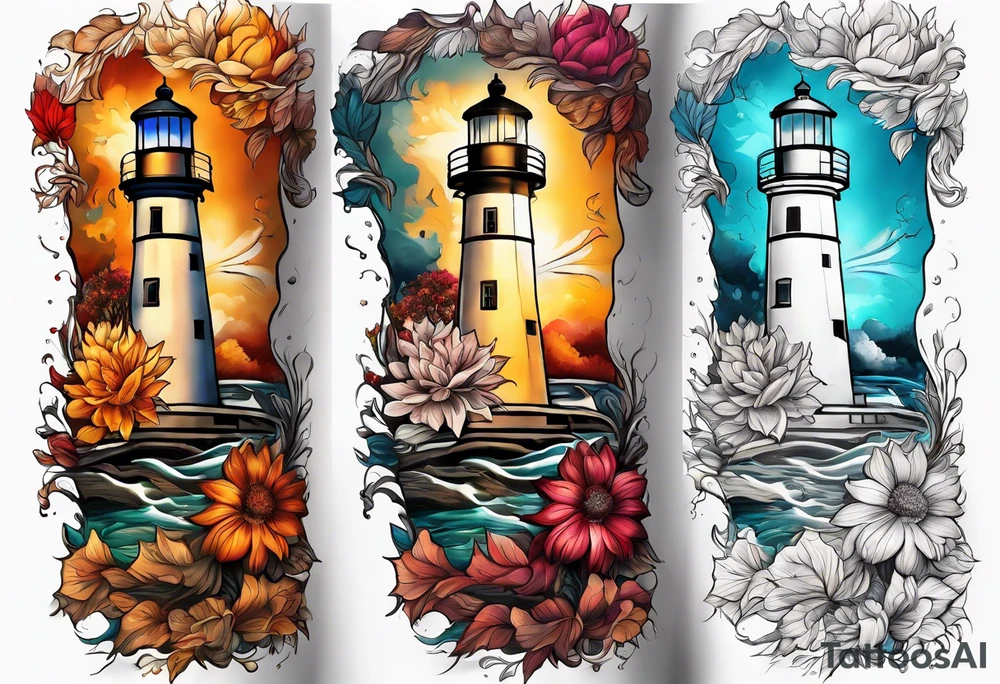 Arm sleeve with fall colors, various flowers, water flow, water splash, light house tattoo idea