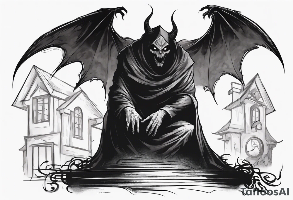 A black, shapless, faceless demonic shadow lifting the roof, peering out into the surroundings with an ominous presence." tattoo idea