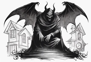 A black, shapless, faceless demonic shadow lifting the roof, peering out into the surroundings with an ominous presence." tattoo idea