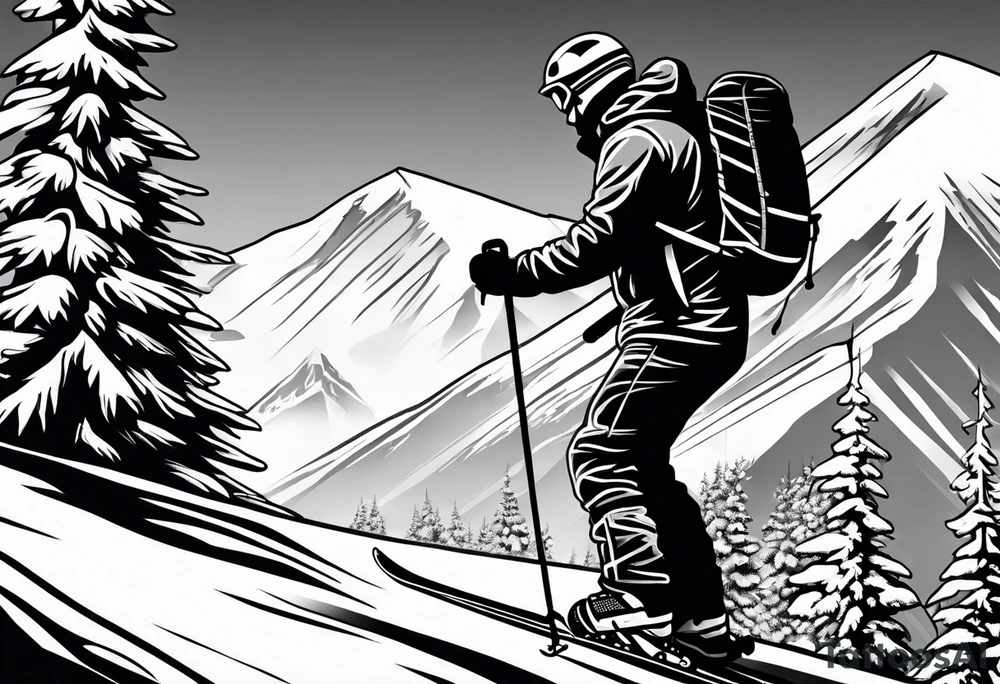 Skier mountain cartoon snowflakes power trees tattoo idea