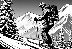 Skier mountain cartoon snowflakes power trees tattoo idea