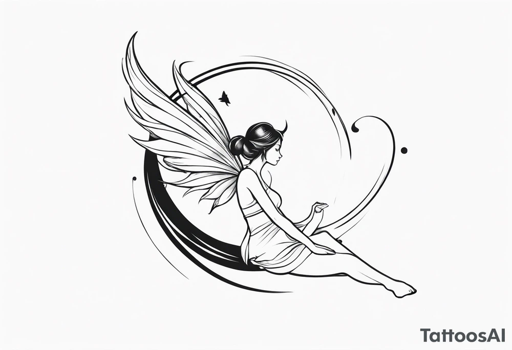 Minimalistic, monochromatic fairy with a tail flying to the left in a fetal position, leaning and looking in the same direction, with visible hands, embodying the 'Fairy Tail' logo aesthetic. tattoo idea