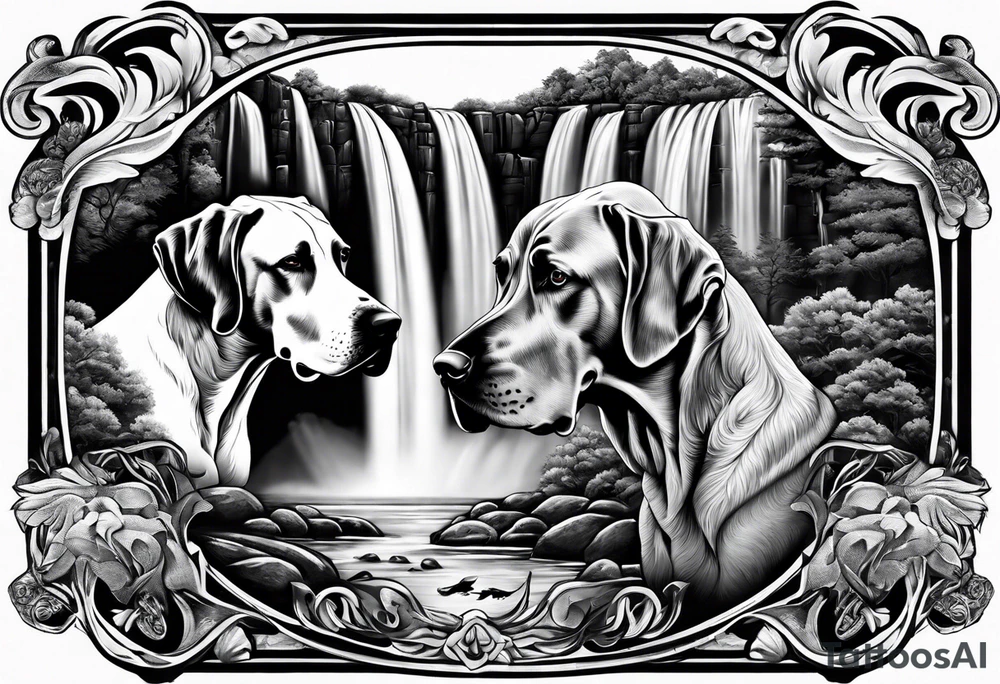 Arm sleeve- with four Great Danes in front of waterfall tattoo idea