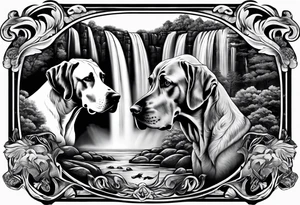 Arm sleeve-  with four Great Danes in front of waterfall tattoo idea