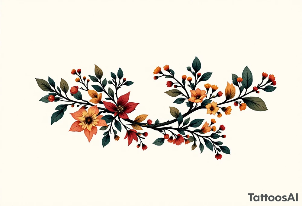 Two separate collarbone tattoos of long, stems and branches covered with red, orange, yellow and dark forest green leaves and flowers, academia, witchy, muted, delicate and gentle but moody, long and thin, following the collarbone. More muted, not so bright, darker colors. Fewer leaves, but larger leaves tattoo idea