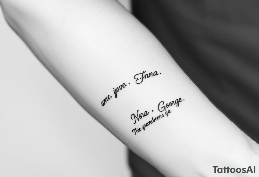 my grandparents name Anne, Nora, George and add this bible verse Joshua 1:9: "Be strong and courageous. Do not be afraid; do not be discouraged, for the Lord your God will be with you wherever you go tattoo idea