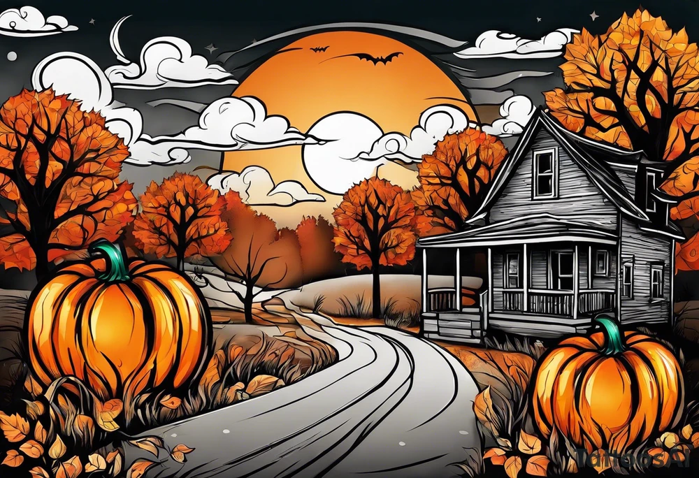 Midwestern street in fall with Halloween pumpkin tattoo idea