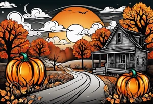 Midwestern street in fall with Halloween pumpkin tattoo idea