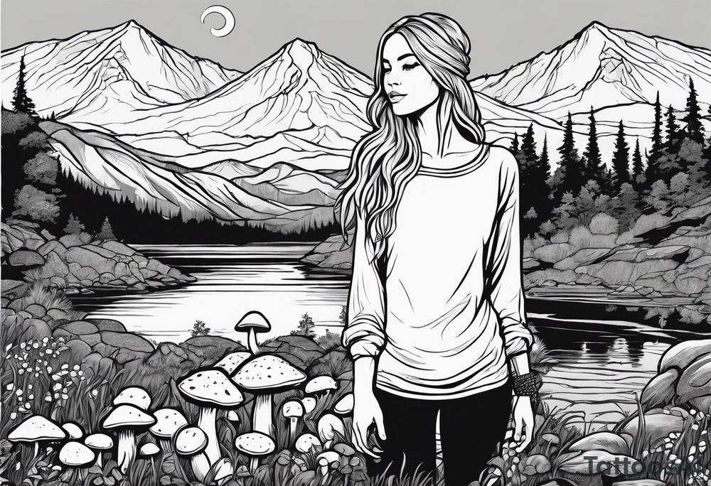 Whole picture encircled fully

Straight long blonde hair hippie girl in distance holding mushrooms in hand facing away toward mountains and creek surrounded by mushrooms long sleeve shirt and hiking pants; whole rendering within a full celtic circle, no cut off circle tattoo idea