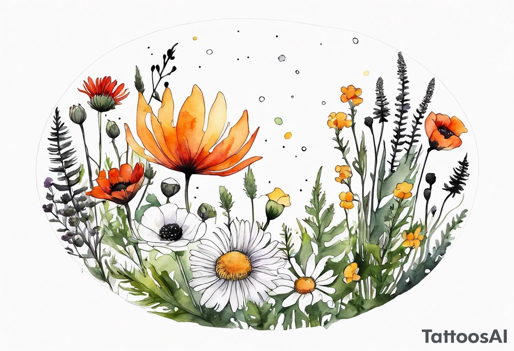 an oval of wildflowers cascading with thistles, ferns, white anemones, sun flowers, red flowers, black flowers, buttercups, orange flowers, babys breath and daisies all in watercolor tattoo idea