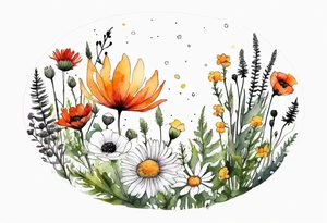 an oval of wildflowers cascading with thistles, ferns, white anemones, sun flowers, red flowers, black flowers, buttercups, orange flowers, babys breath and daisies all in watercolor tattoo idea