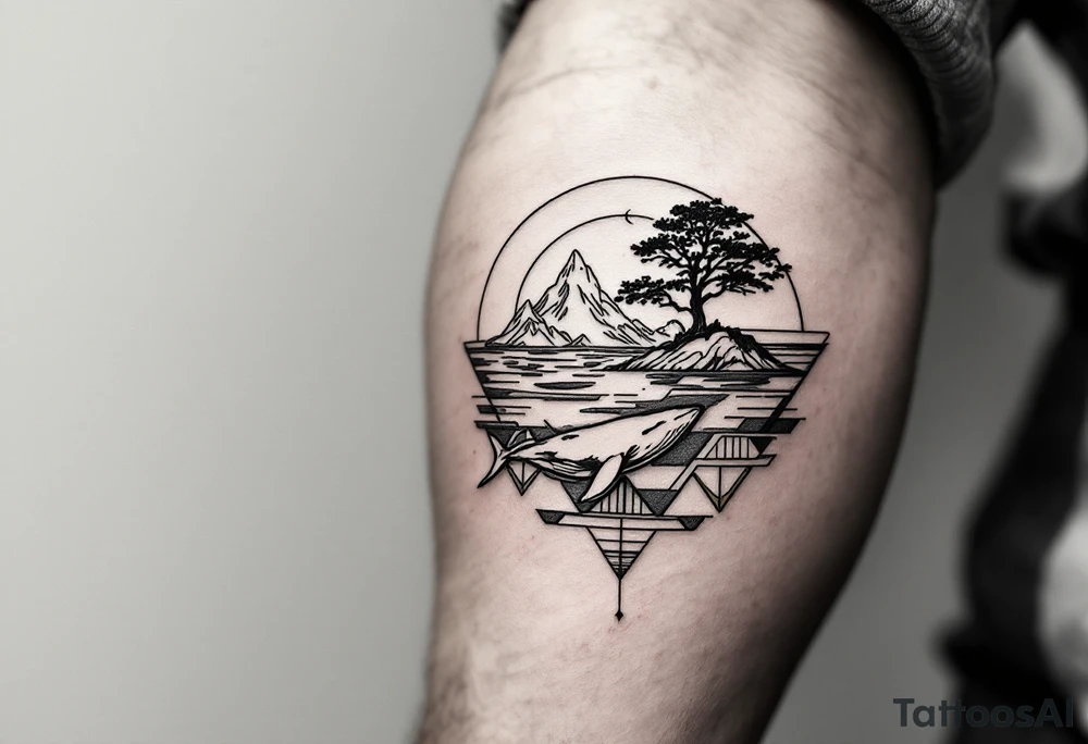 Fine line powerful ocean half sleeve with a wave, a whale, a Joshua tree, and a dog as separate elements connected by geometric patterns tattoo idea