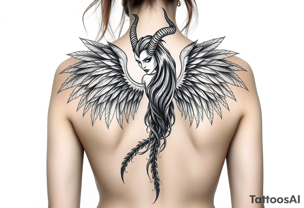 Menacing full body Woman Harpy with horns and lots of feathers tattoo idea