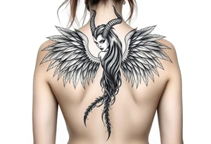 Menacing full body Woman Harpy with horns and lots of feathers tattoo idea